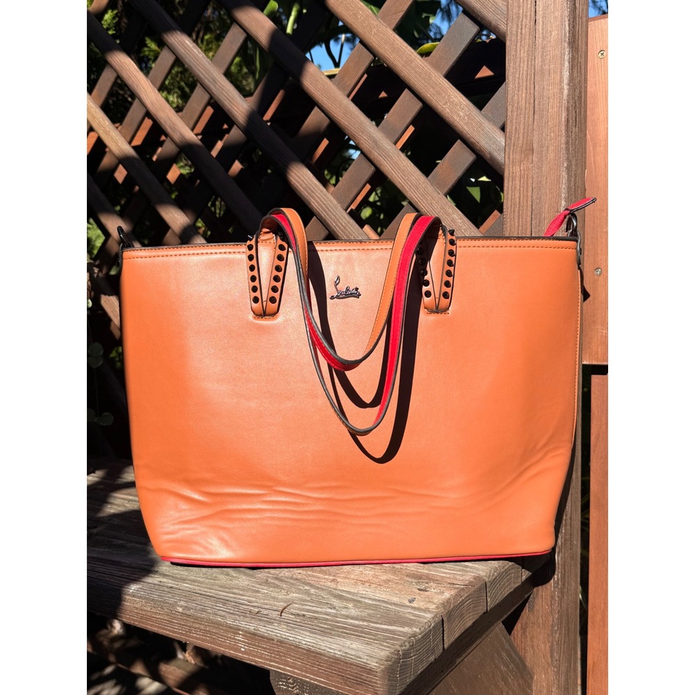 Christian Louboutin Cabata-Like Orange Leather Spiked Tote Bag with Red Lining